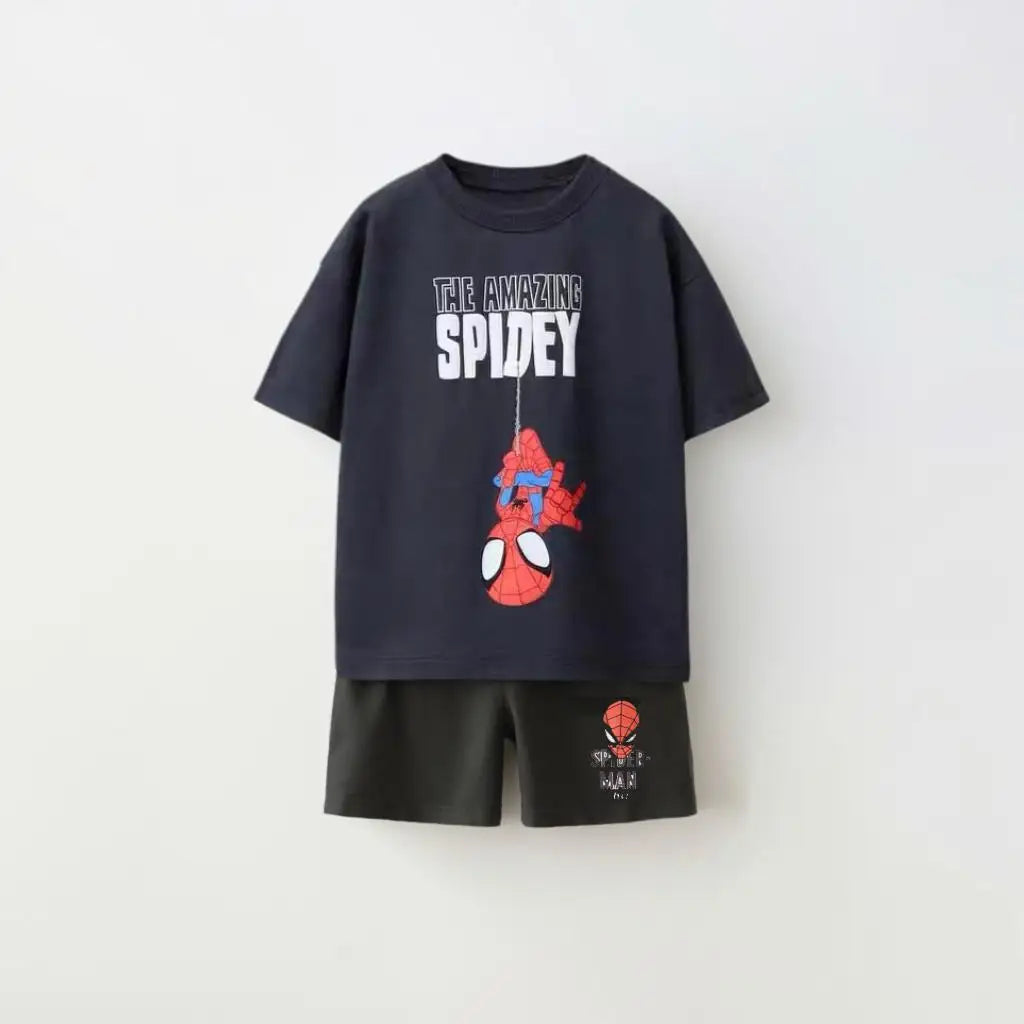 Kids Spiderman Print Sports T-Shirt & Loose Shorts Set Cartoon Summer Outfit