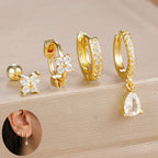 4pcs Korean Stainless Steel Zircon Water Drop Piercing Earrings Set