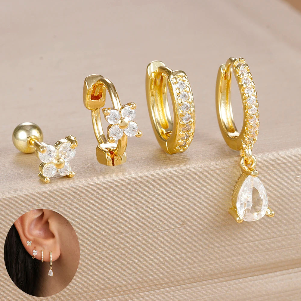 4pcs Korean Stainless Steel Zircon Water Drop Piercing Earrings Set