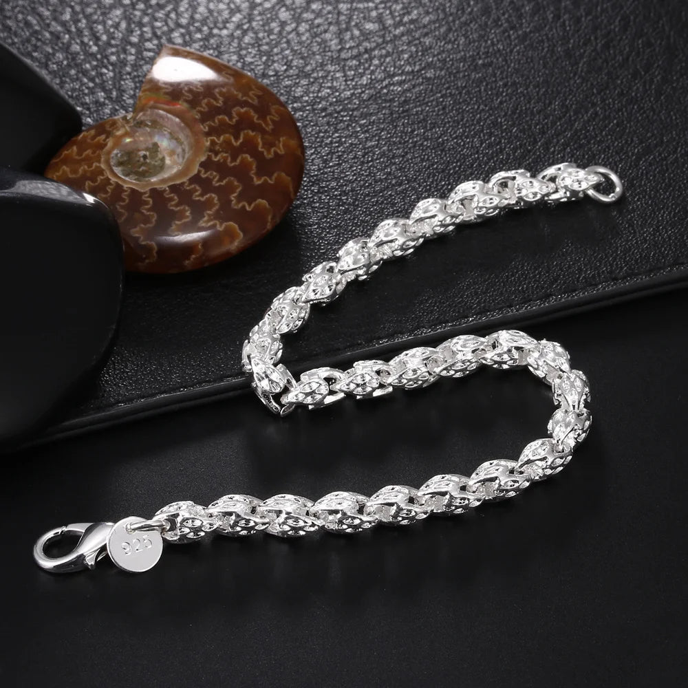 Square Solid Chain Bracelet 925 Sterling Silver Men Women Party Fashion Gift