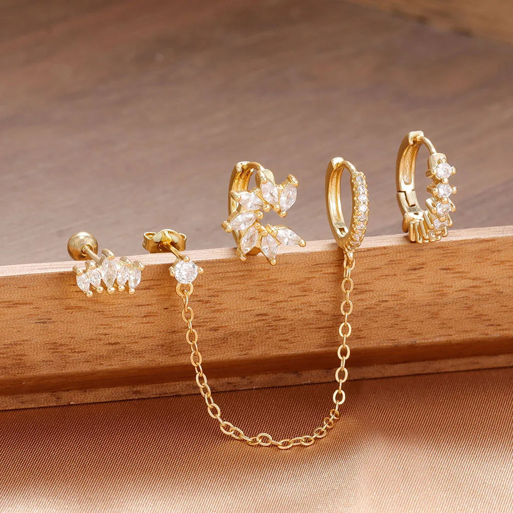 New Gold Lucky Crown Tassel Chain Stainless Steel Hoop Earrings