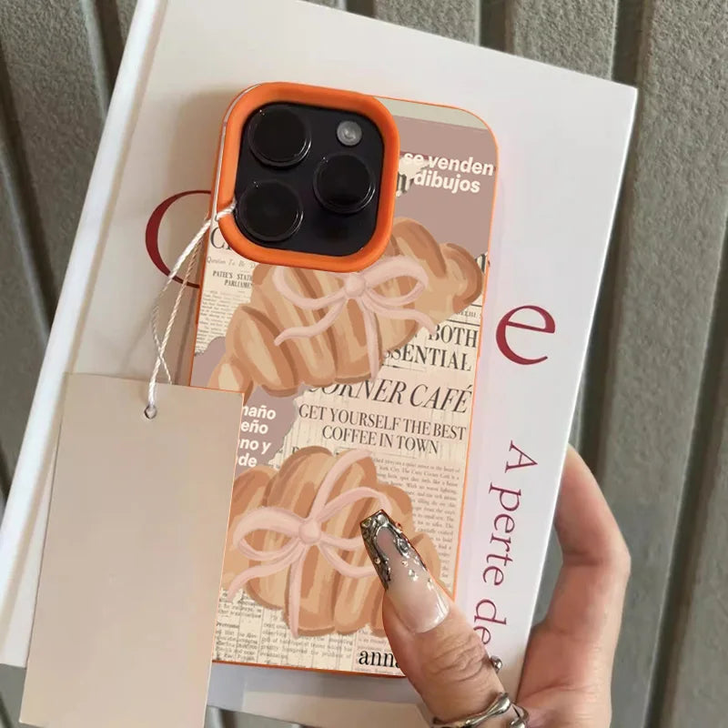 Croissant Newspaper Lychee Case for iPhone 17 16 15 14 13 Pro Max