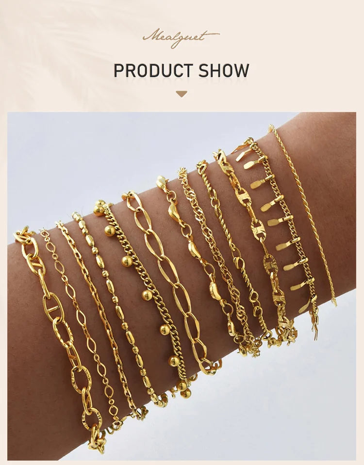 Gold Plated Link Bracelet for Women, Stainless Steel Stackable Chain Wristband, Adjustable Waterproof Jewelry