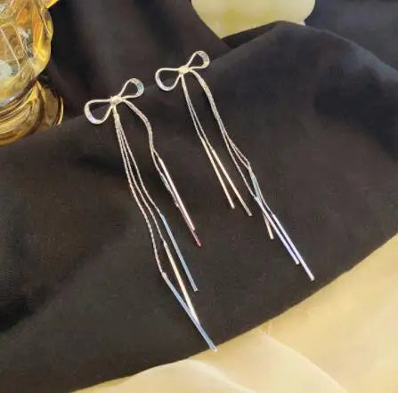 Korean Vintage Glossy Arc Bar Long Tassel Drop Earrings Gold Colour