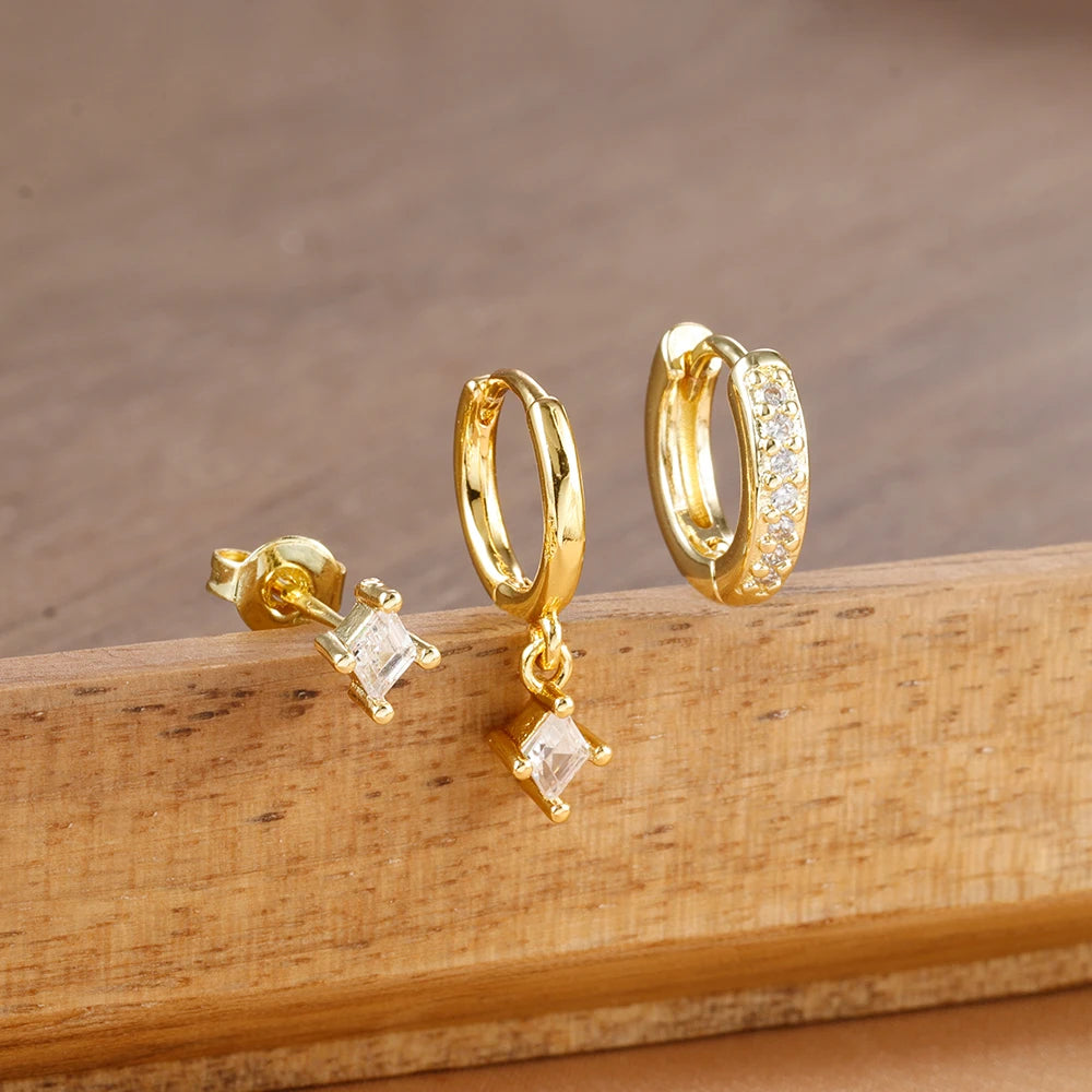 3PCS Fashion Geometric Zircon Small Drop Earrings Set Temperament