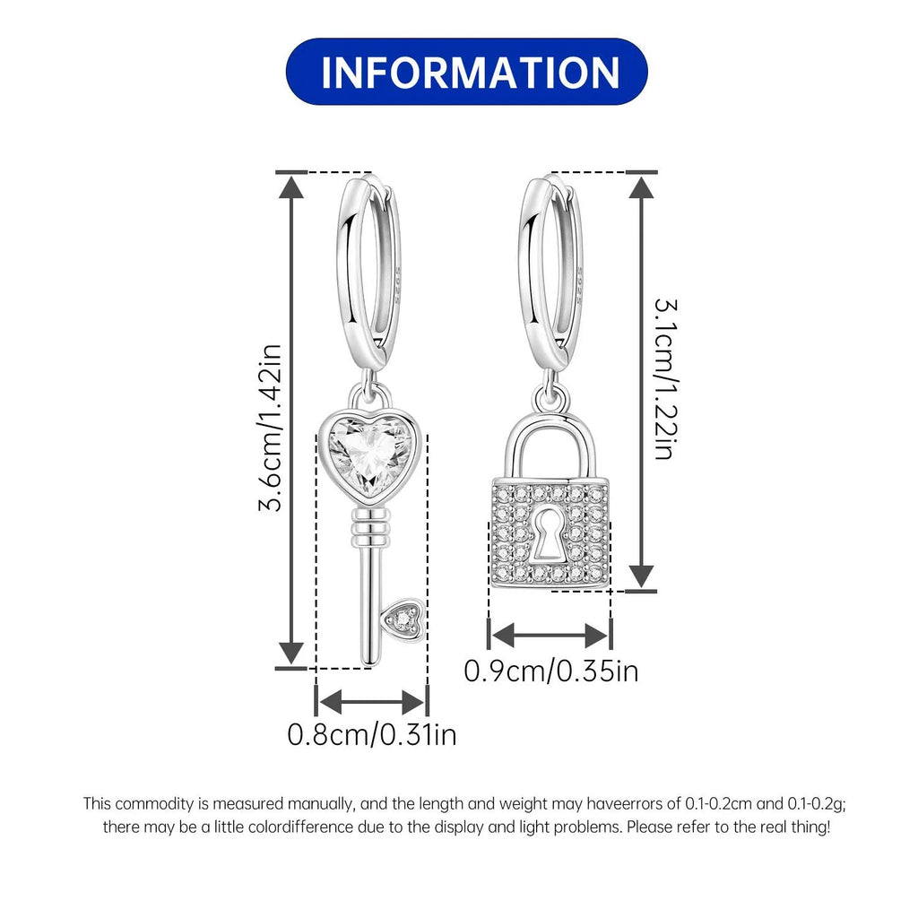 925 Sterling Silver Asymmetric Key Lock Drop Earrings Trendy Jewellery Gift