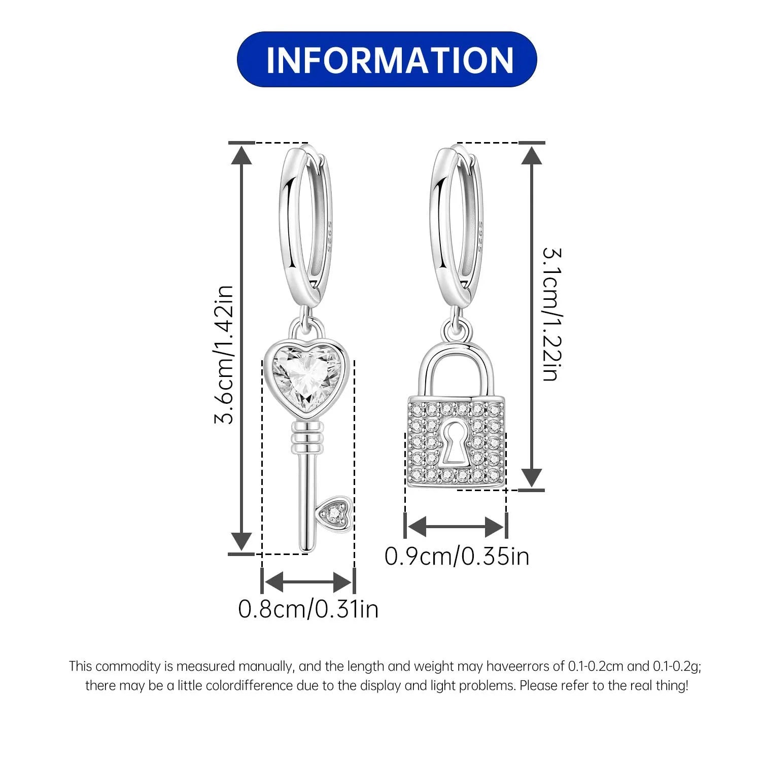 925 Sterling Silver Asymmetric Key Lock Drop Earrings Trendy Jewellery Gift