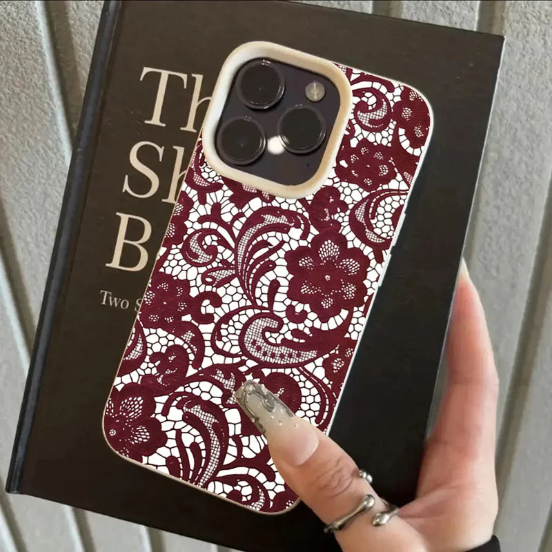 Red Lace Design Lychee Case for iPhone 17 16 15 14 13 12 Pro Max