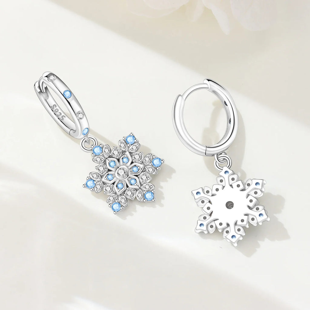 925 Sterling Silver Sparkling Blue Snowflake Drop Earrings Trendy Jewellery