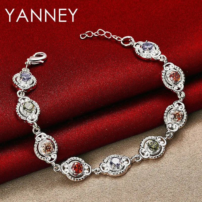 925 Sterling Silver 8-inch Coloured Zirconia Bracelet Women Jewellery Gift