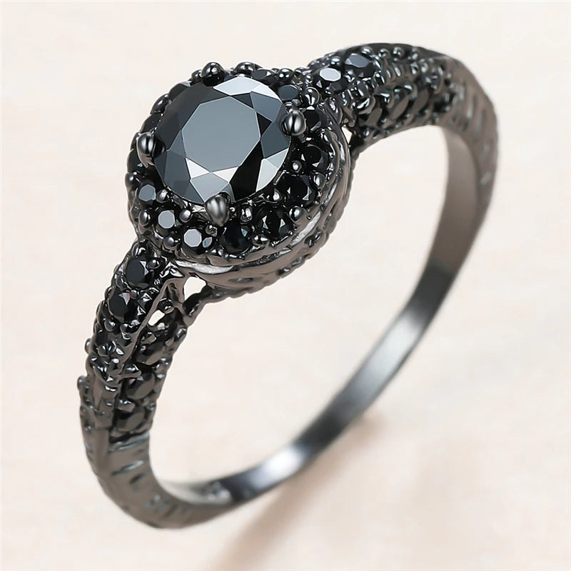Male Female Vintage Black Crystal Black Gold Engagement Ring Trendy Round Zircon Wedding Jewelry For Men Women