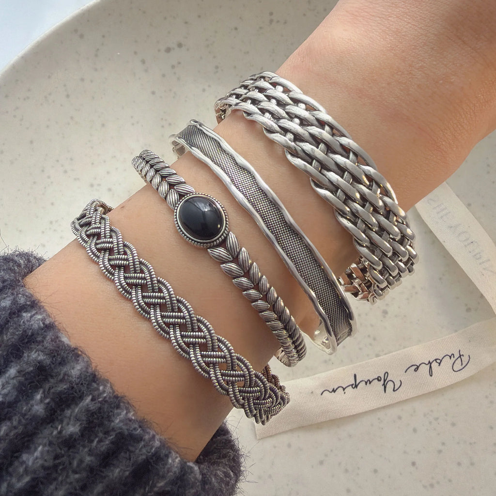 100% Solid 925 Sterling Silver Metal Bracelet for Women Men Vintage Black Stone Letters Handmade Simple Birthday Gift