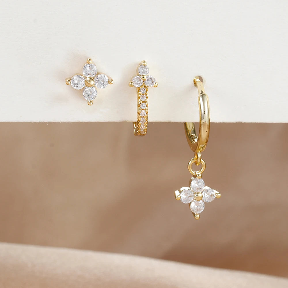3PCS Fashion Stainless Steel Flower Small Hoop Earrings Set 18K Gold