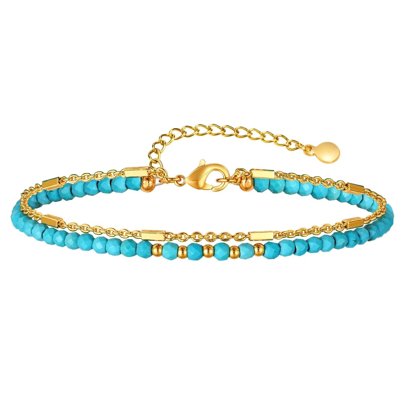 Turquoise Bracelet for Women, Double Chain Round Beaded Bracelet, Tarnish Free Gold Plated Jewelry Gift