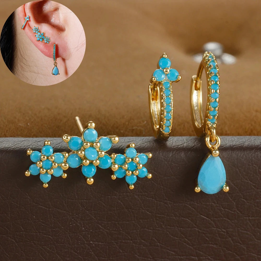 Vintage Blue Turquoise Water Drop Hoop Earring Set Geometric Steel