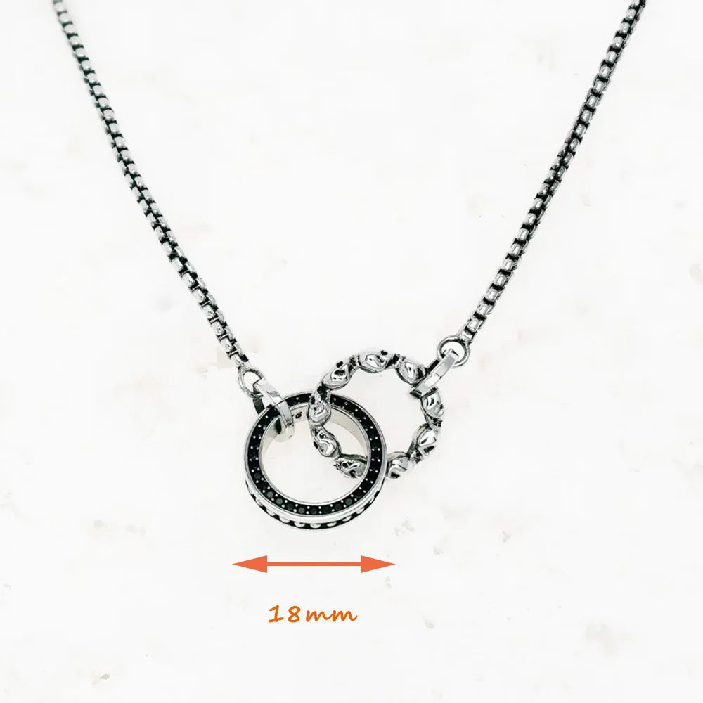 Skull Circle Black Stone Necklace 925 Sterling Silver Vintage Jewellery
