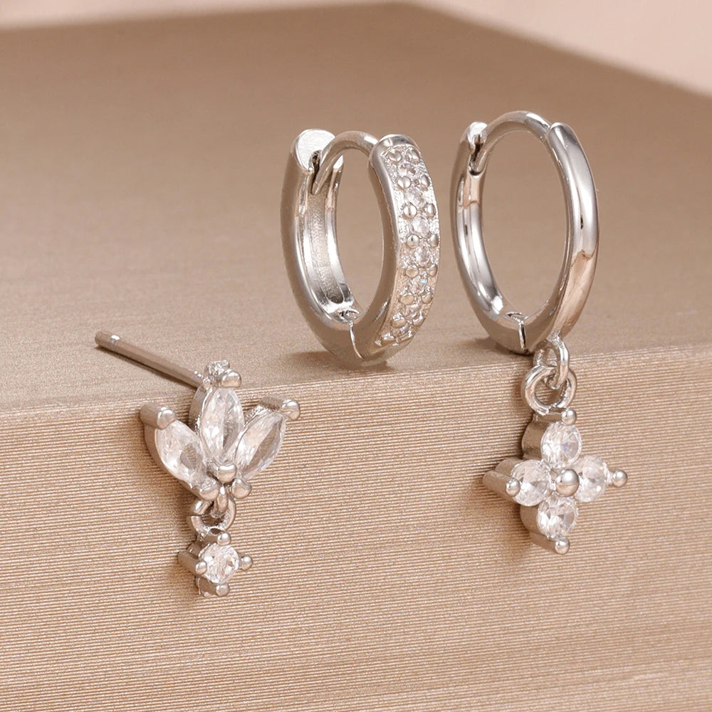 3PCS Fashion Orange Blue Zircon Hanging Earrings Stainless Steel Flower
