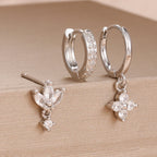 3PCS Fashion Orange Blue Zircon Hanging Earrings Stainless Steel Flower
