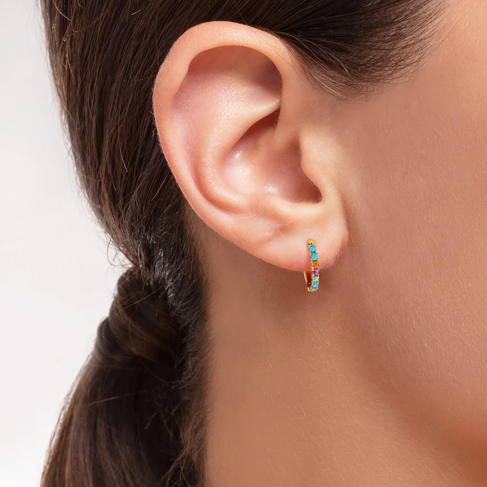 Colourful Stone Gold Plated Hoop Earrings 925 Sterling Silver Bohemia