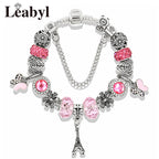 Romantic Pink Heart Charm Bracelet Fine Crystal DIY Bead Bangle Gift