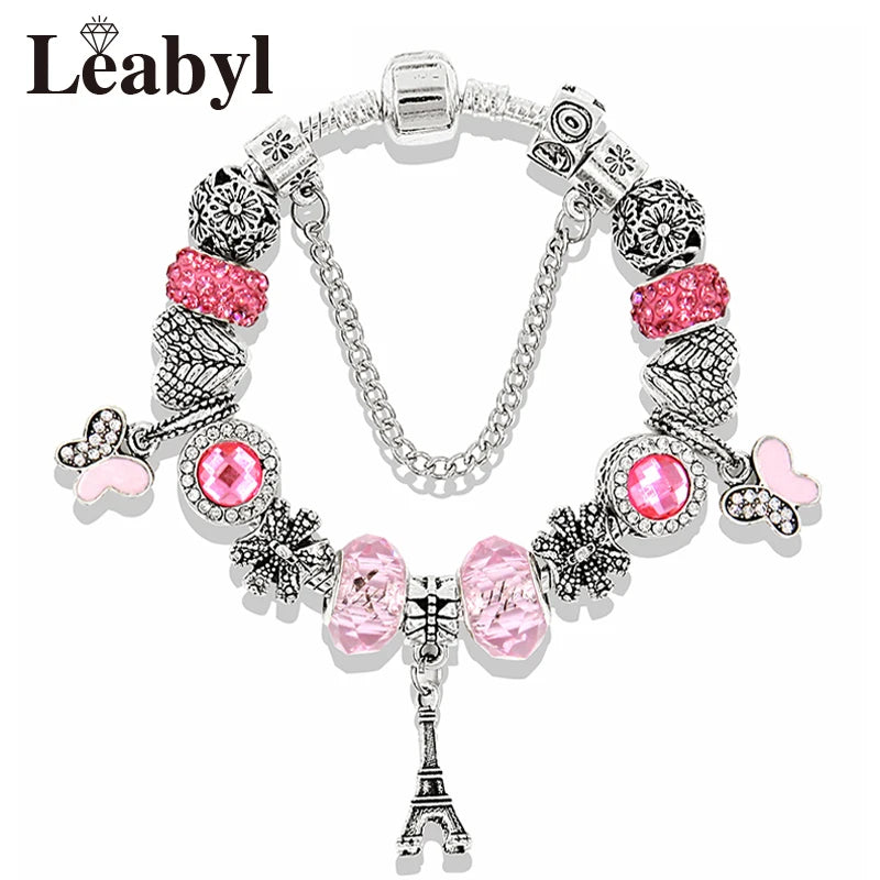 Romantic Pink Heart Charm Bracelet Fine Crystal DIY Bead Bangle Gift