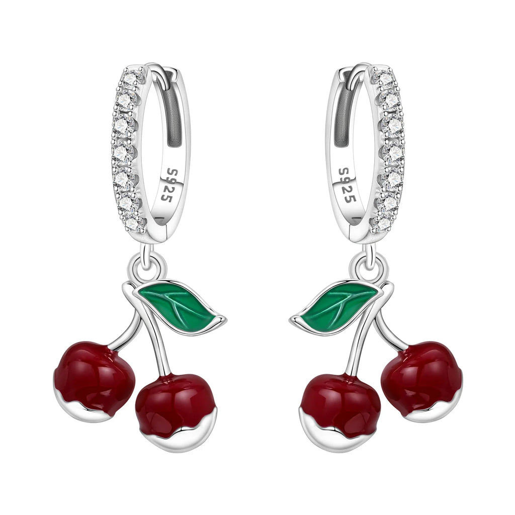 925 Sterling Silver Red Cherry Fruit Key Lock Drop Earrings Trendy Jewellery
