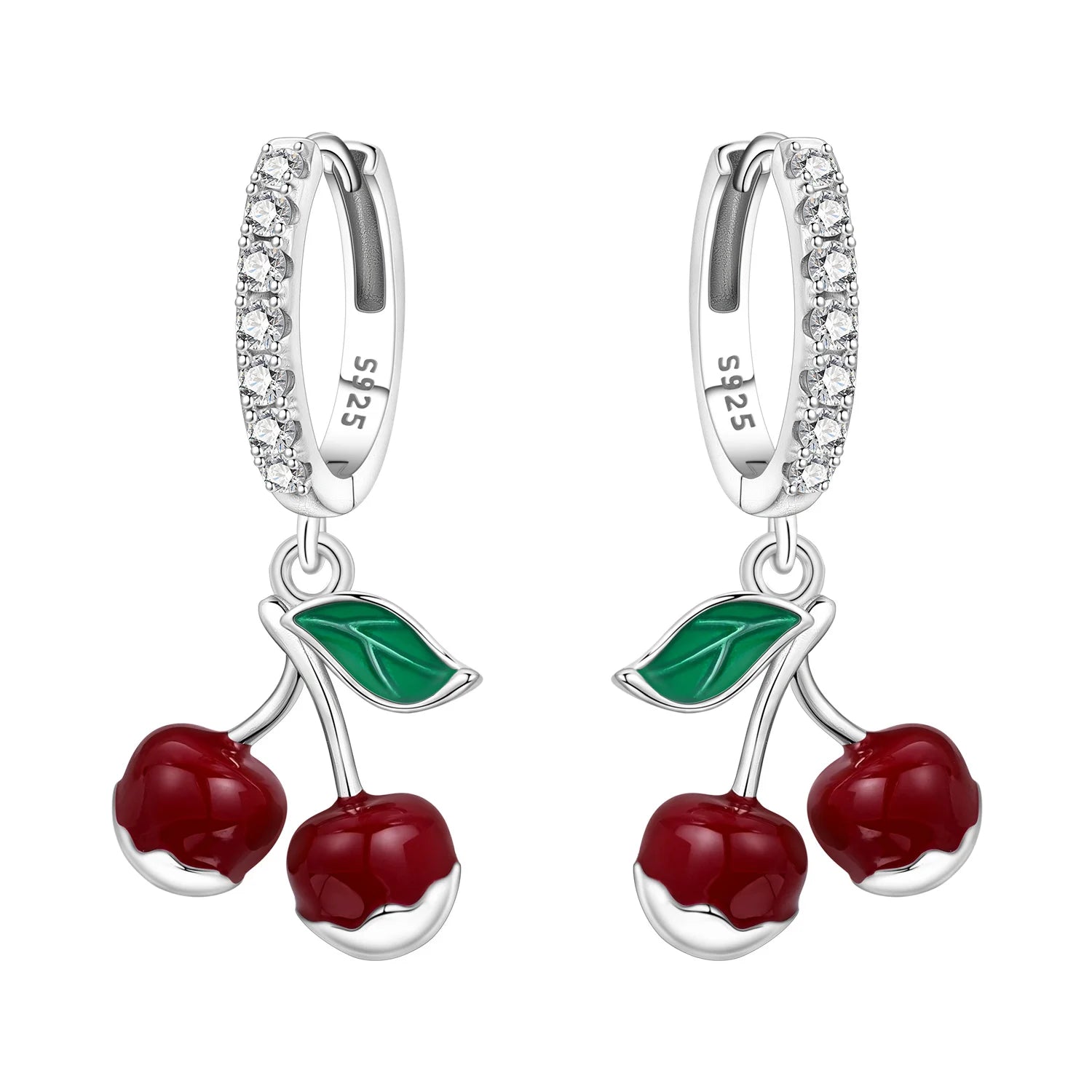 925 Sterling Silver Red Cherry Fruit Key Lock Drop Earrings Trendy Jewellery
