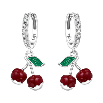 925 Sterling Silver Red Cherry Fruit Key Lock Drop Earrings Trendy Jewellery