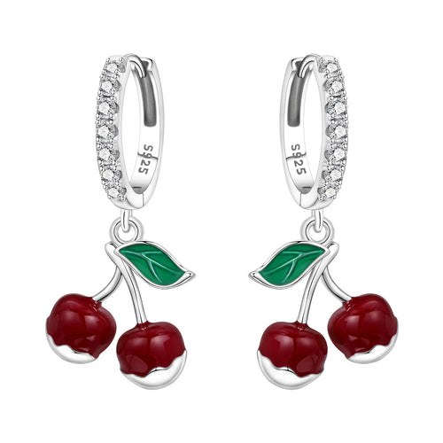 925 Sterling Silver Red Cherry Fruit Key Lock Drop Earrings Trendy Jewellery