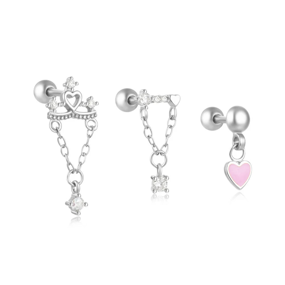 3PCS Stainless Steel Heart-Shaped Dangling Earrings Tassel Chain