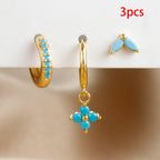 3PCS Exquisite Green Zircon Hanging Earrings Stainless Steel Flower