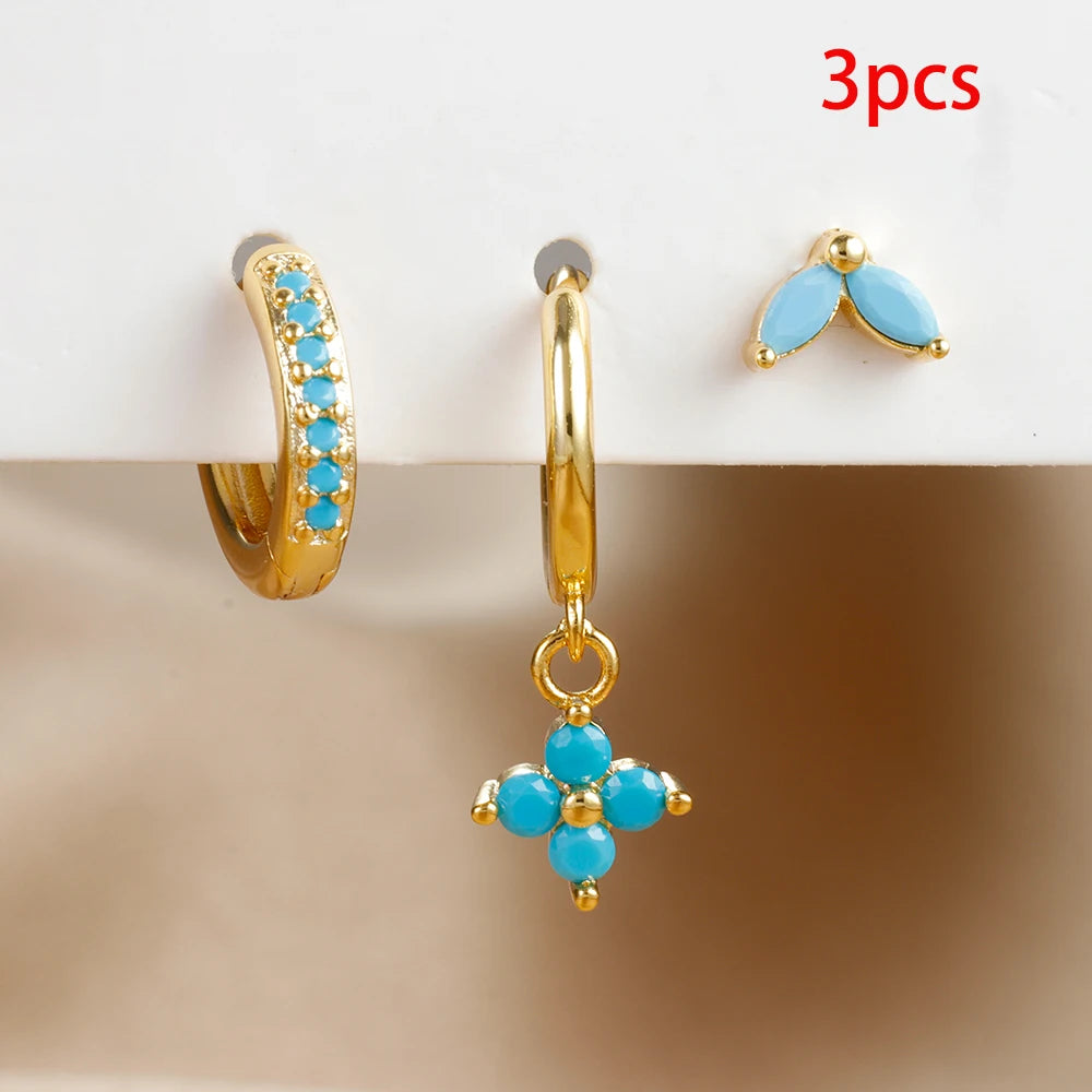 3PCS Exquisite Green Zircon Hanging Earrings Stainless Steel Flower