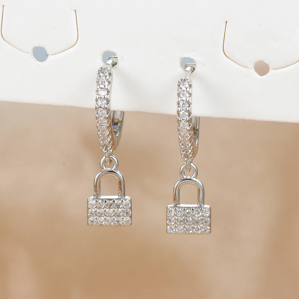 Luxury Zircon Key Lock Asymmetric Hoop Earrings Gold Plated Steel