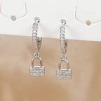 Luxury Zircon Key Lock Asymmetric Hoop Earrings Gold Plated Steel