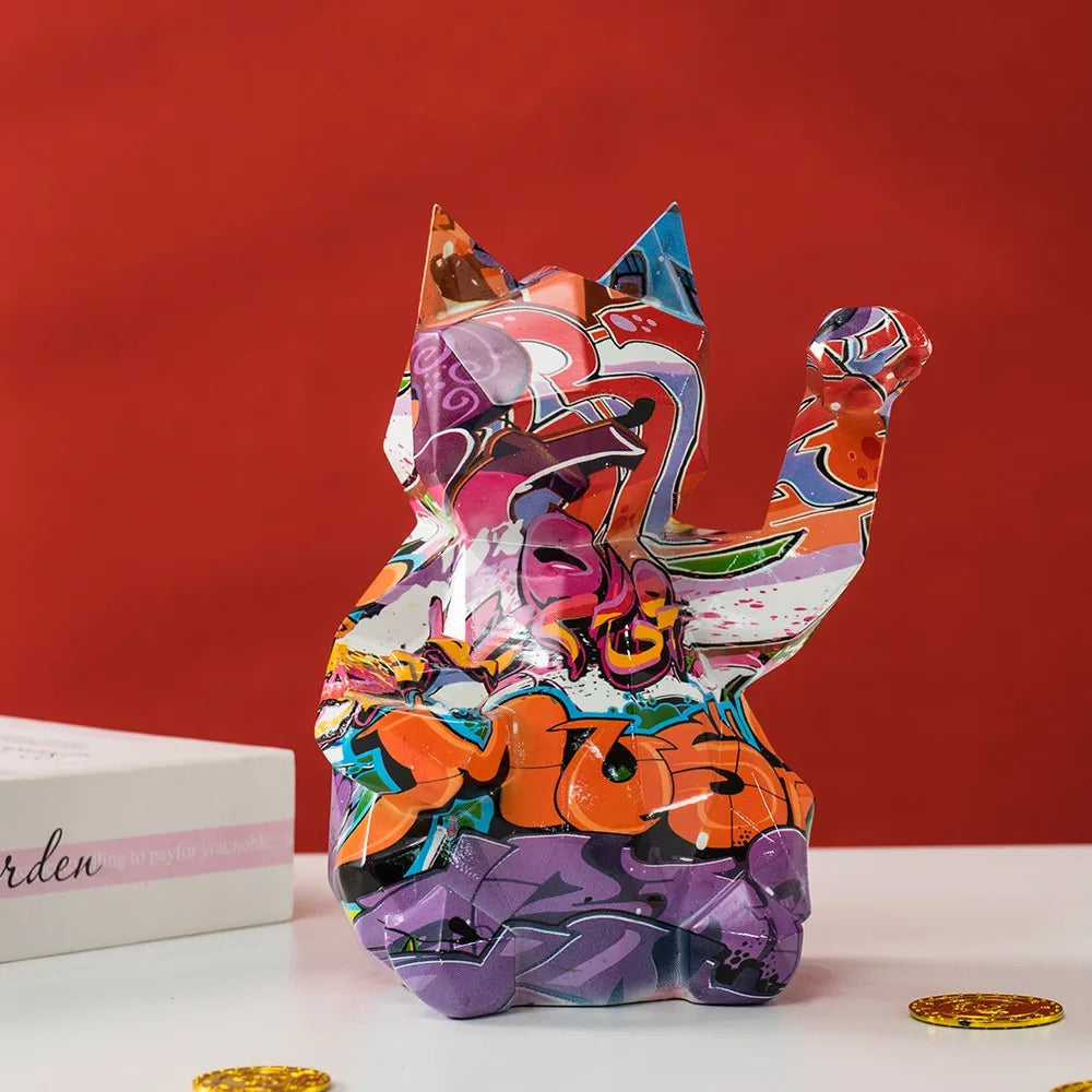 Geometric Abstract Lucky Cat Home Shop Decoration Resin Figurines Wall Shelf Modern Art