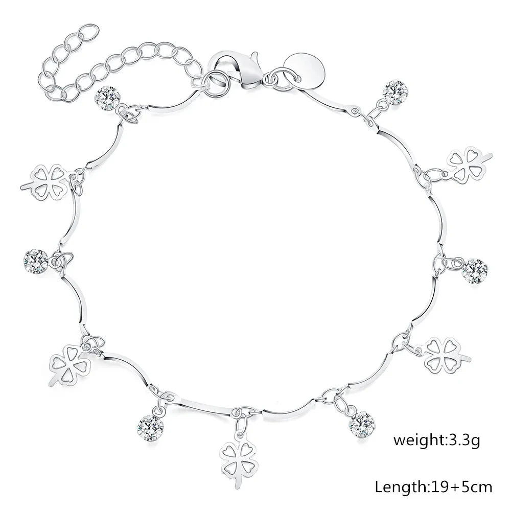 Lucky Clover Leaf Zircon Chain Bracelet 925 Sterling Silver Wedding Party