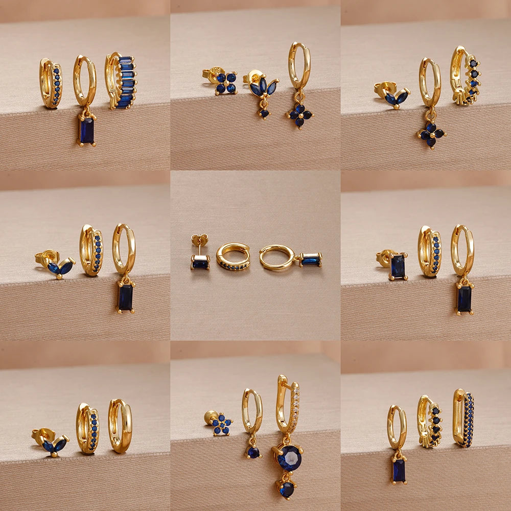 3PCS Cute Flower Stainless Steel Blue Zircons Small Hoop Earrings