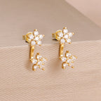French Design Double Flower Dangle Earrings Stainless Steel Crystal