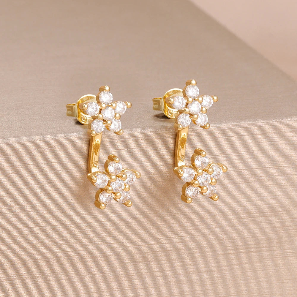 French Design Double Flower Dangle Earrings Stainless Steel Crystal