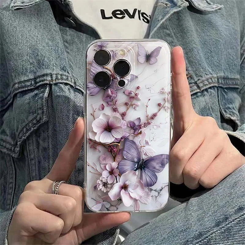 Butterfly Flower Pattern Case for iPhone 17 16 15 14 13 12 11 Pro Max XR Soft