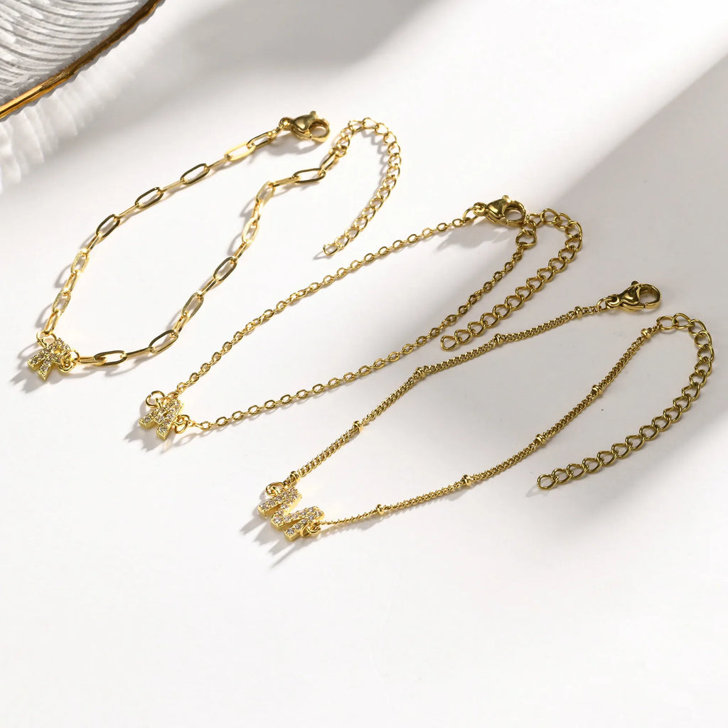 Charms Pave Initial Letter Bracelet, Paperclip Satellite Chain Stainless Steel Gold Plated, Handmade Jewelry for Women