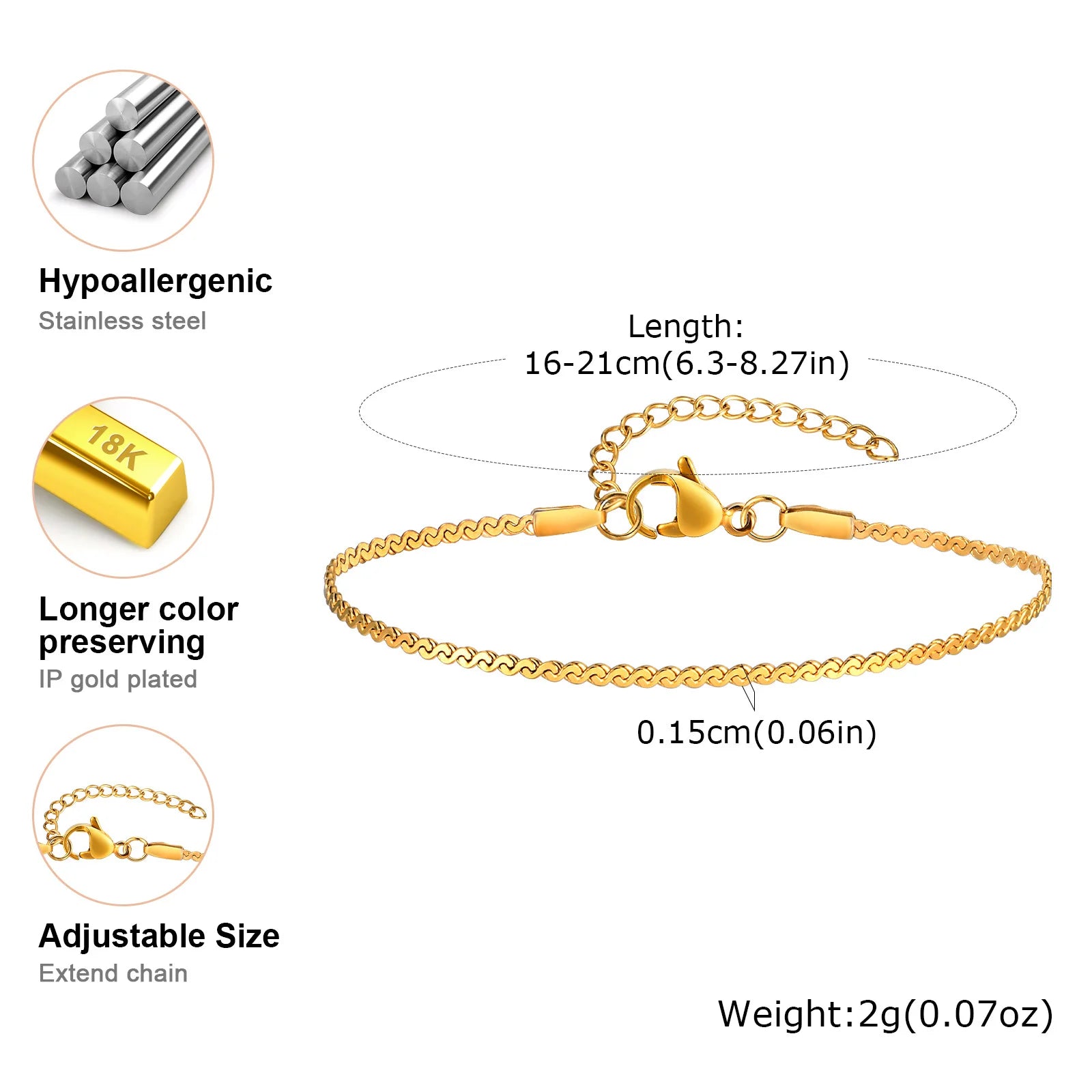 Gold Plated Link Bracelet for Women, Stainless Steel Stackable Chain Wristband, Adjustable Waterproof Jewelry