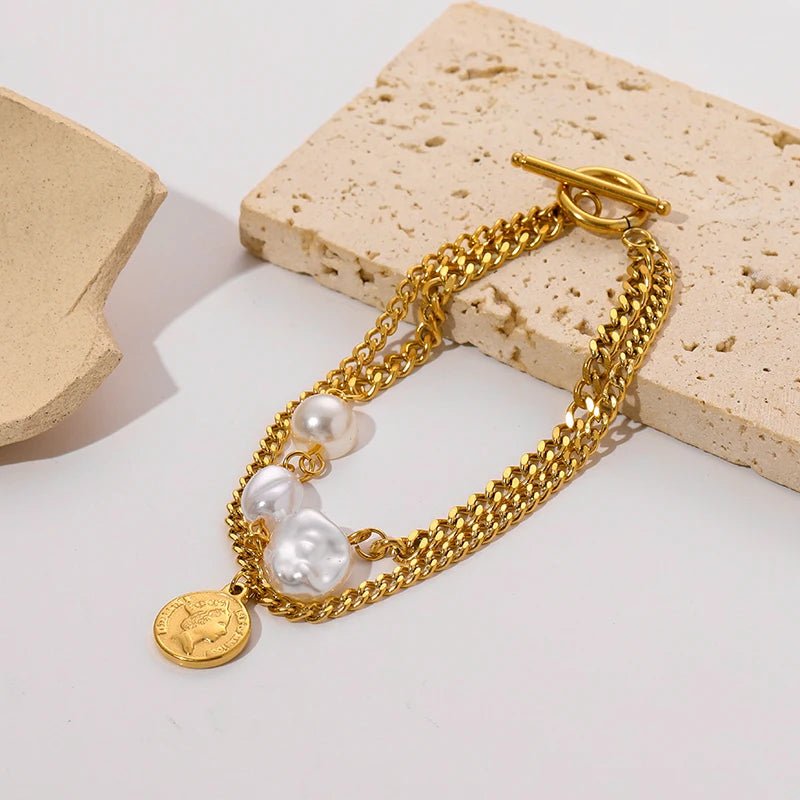 Gold Colour Multilayer Stainless Steel Charm Bracelet Men Women Bangle