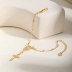 Catholic Cubic Zirconia Rosary Cross Beaded Link Bracelets, Oval Jesus Coss Jewelry, Religion Gold Plated Bracelet