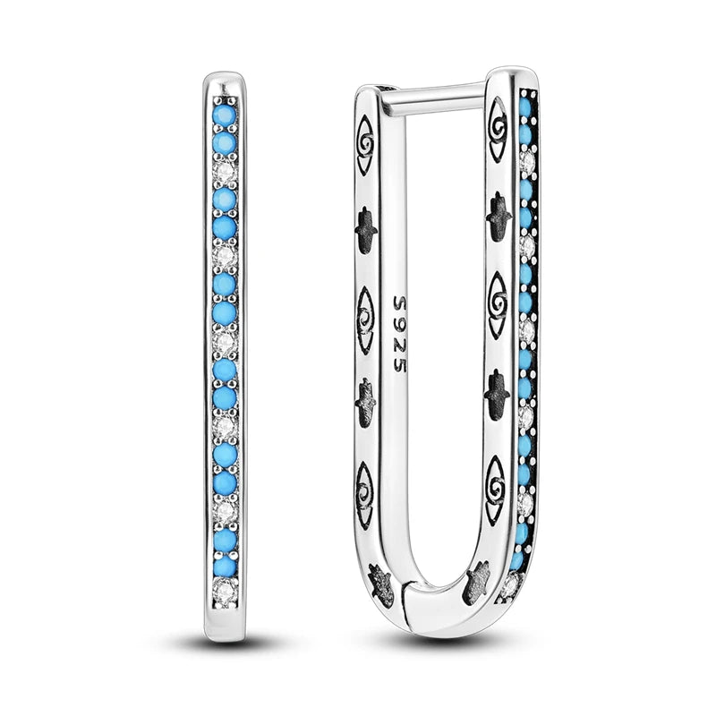 925 Sterling Silver Geometric Minimalist Blue Zircon Circle Hoop Earrings Gift