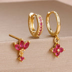 3PCS Fashion Orange Blue Zircon Hanging Earrings Stainless Steel Flower