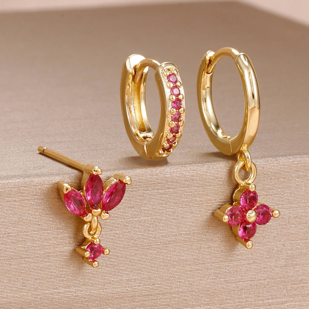 3PCS Fashion Orange Blue Zircon Hanging Earrings Stainless Steel Flower