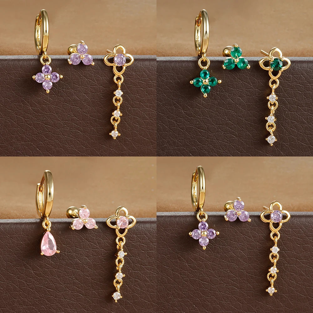 3PCS Green Zircon Flower Hoop Earrings Set Stainless Steel Luxury
