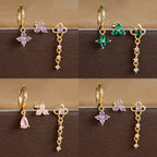 3PCS Green Zircon Flower Hoop Earrings Set Stainless Steel Luxury