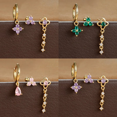 3PCS Green Zircon Flower Hoop Earrings Set Stainless Steel Luxury
